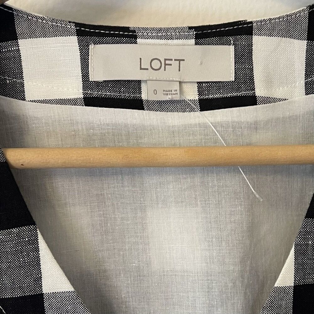 Loft Linen Blend Gingham Mini Dress Size 0 NWOT Black White Button Front Summer - Picture 5 of 9